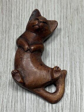 Cat Hand Carved Wooden Figure 3" Home Decor Sculpture Trinket Animal Laying Down